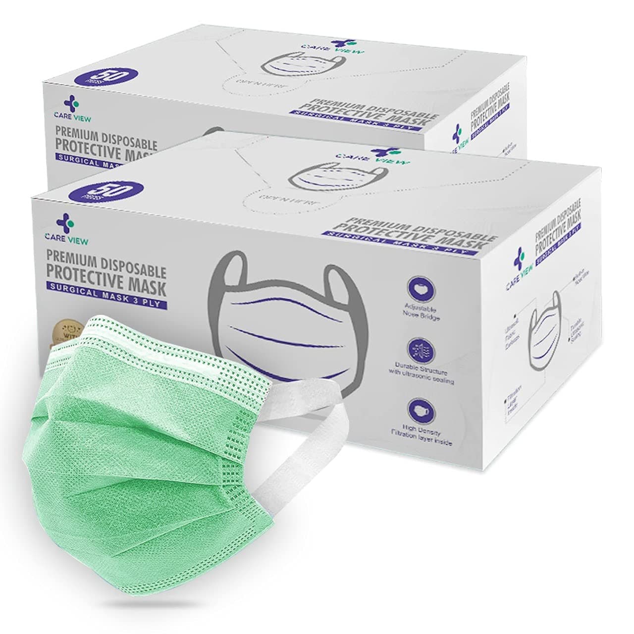 Careview N95 3 Ply Disposable Surgical Face Mask Box with FABRIC Earloop and built in Nose Pin, Certified by BFE>99% and PFE > 95%, SITRA, DRDO, ISO and CE (Pack of 100, GREEN)