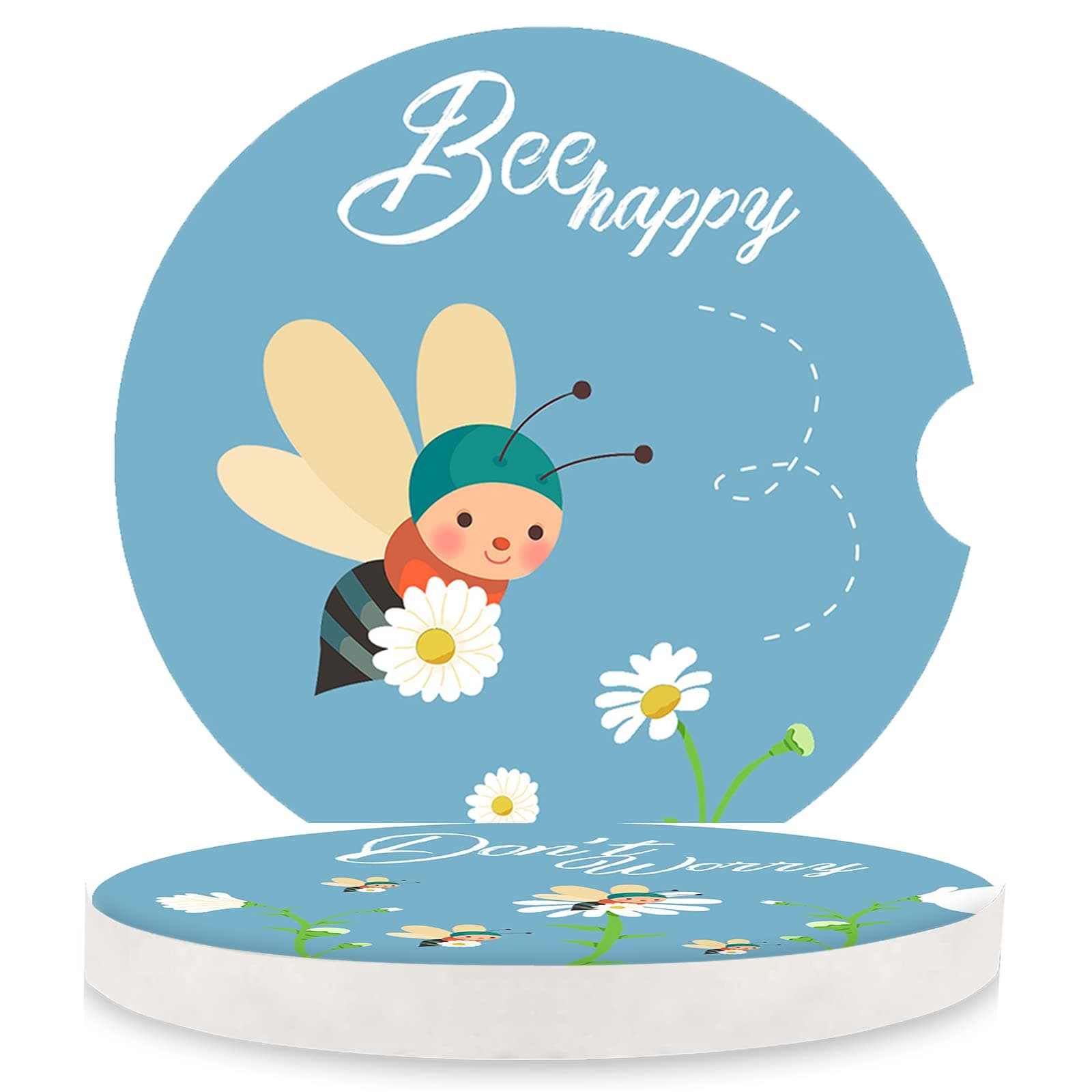 LogHog 2.56" Ceramic Car Coasters - Adorable Bee Design: Don't Worry, Bee Happy - Perfect Auto Cup Holders for Car, Absorbent, Durable