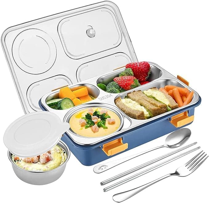TOYTASTIC Lunch Box for Adults Lunch Box for Kids Stainless Steel Lunch Box with Fork,Chopstick & Spoon Lid Office Food Container 4 Compartment for Kids & Adults (Blue), 1250 ml