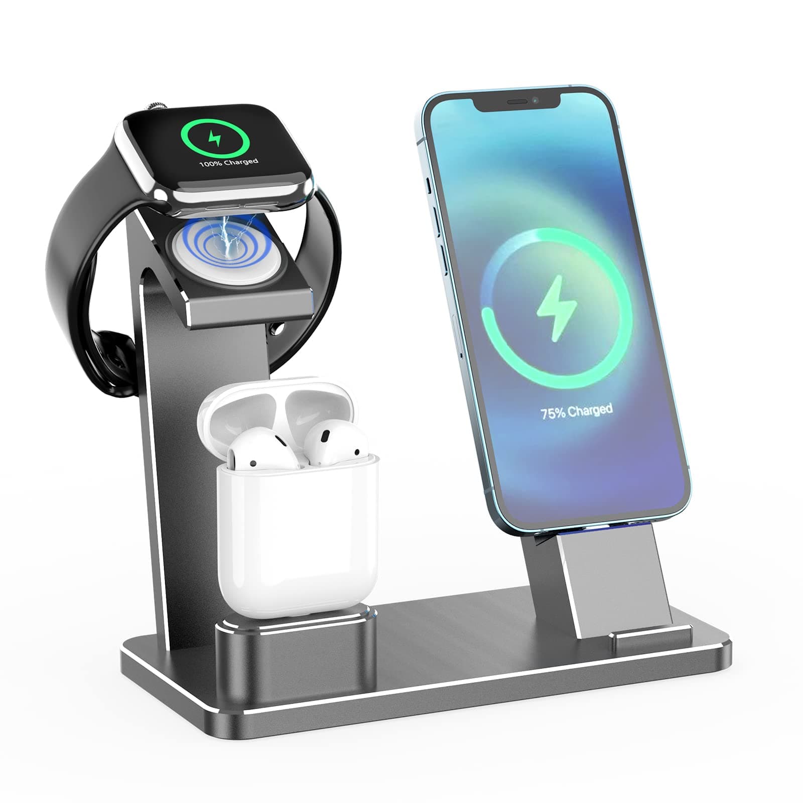 Charging Station for Apple Watch Phone Airpods Charger Stand - XUNMEJ 3 in 1 Aluminum iPhone Charging Dock Holder for iWatch Series 9/8/7, AirPods iPhone Series (Gray)