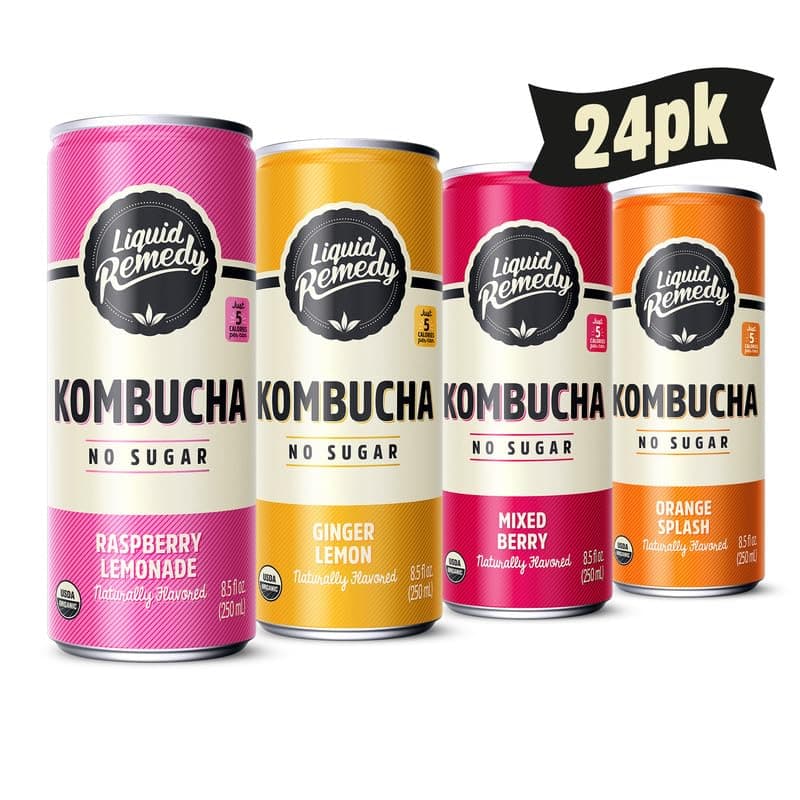 Liquid Remedy Kombucha Sugar Free Organic Drink, Low Calorie, Probiotic Like Tea for Gut Health - Fan Favorites Variety Pack - 8.5 Fl Oz Can, 24-Pack