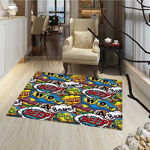 Superhero Door Mats Area Rug Comics Speech Bubbles Beep Wow with Vivid Old Effects Boys Supernatural Print Floor Mat Pattern 24"x48" Multicolor