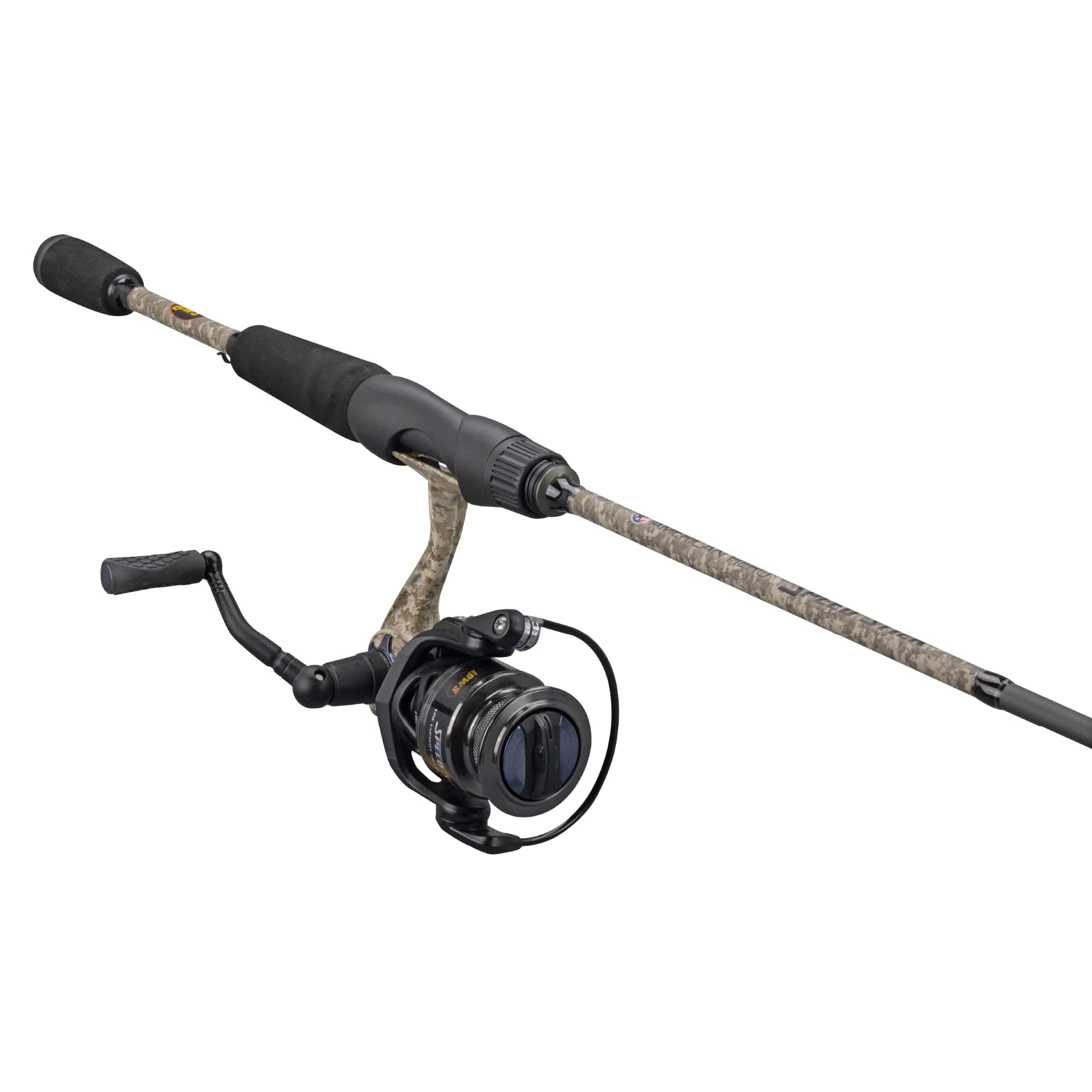 Lew's American Hero Camo Spinning Reel and Fishing Rod Combo, 2-Piece All-Purpose IM7 Graphite Rod Blank with Split Grip EVA Handle, 1-Piece Graphite Reel Frame, Right or Left-Hand Retrieve, Camo
