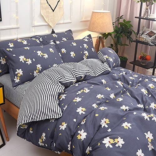 Duvet Cover Bedding Sets 3-Pieces Full/Queen Size(90"x90") White Yellow Grey Daisy Flowers Amaryllis Prints Floral Patterns Design,Without Comforter (Full/Queen, 1Duvet Cover+2Pillowcases12)