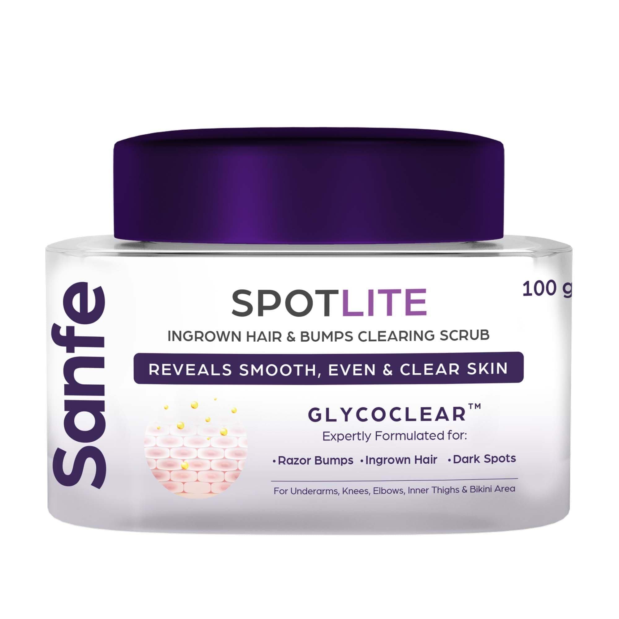 Sanfe Spotlite Ingrown Hair & Bumps Clearing Body Scrub For Dark Underarms, Inner Thighs And Sensitive Areas | 3X Quicker Penetration With Glycoclear | 10% Glycolic Acid, Walnut Beads | Helps in Depigmentation - 100gm, For Indian Women Skin