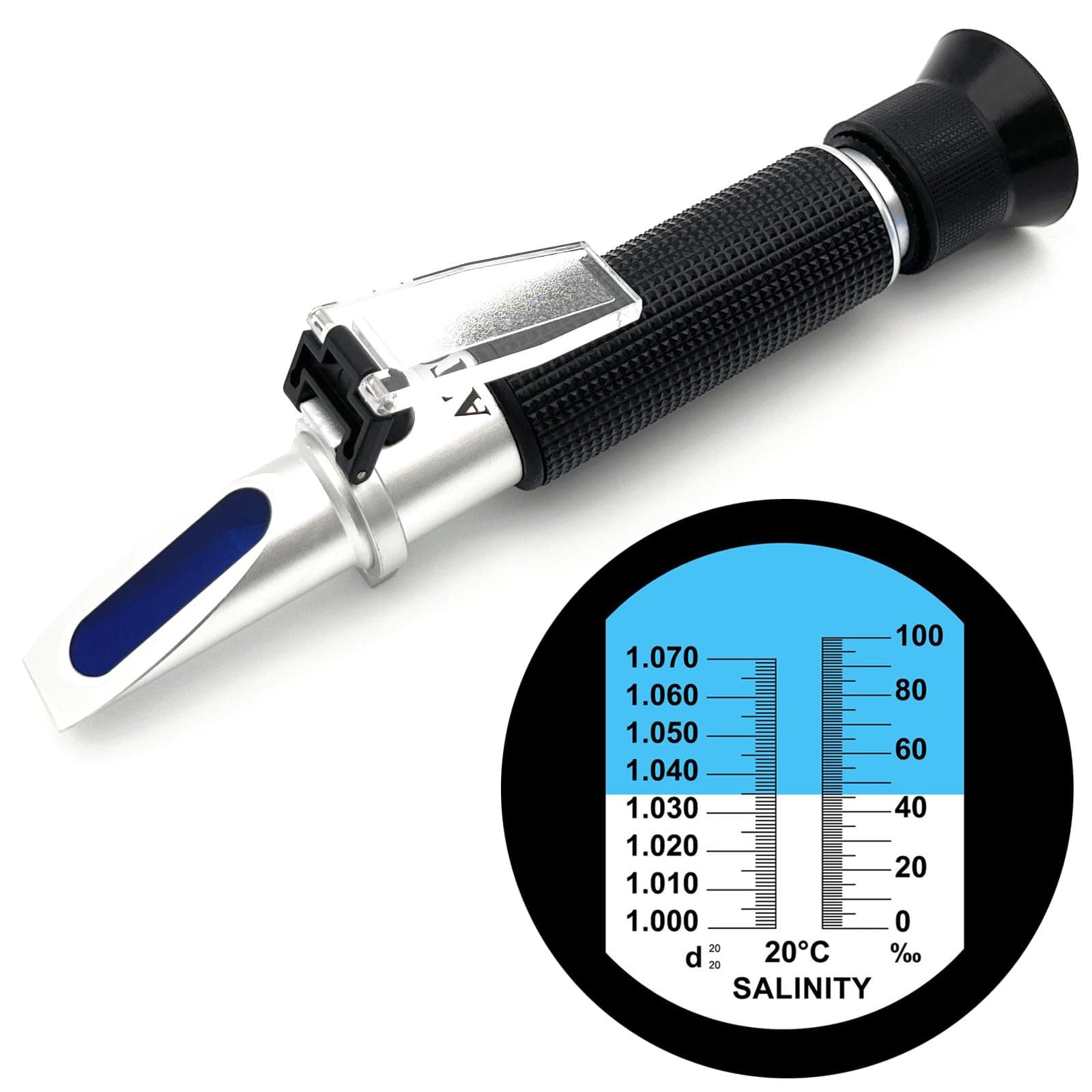 Salinity Refractometer for Aquarium Marine Seawater Fishkeeping Saltwater Refractometer Dual Scale Specific Gravity Salinity Tester Hydrometer 0-100 PPT& 1.000-1.070 Optics Salinity Meter with ATC