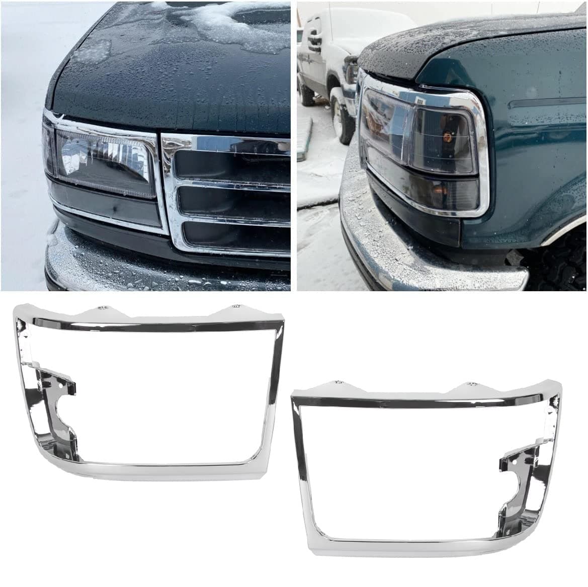 HECASA Headlight Chrome Trim Bezel Compatible with 1992-96 Ford Bronco, F150 Truck; 1992-97 F250 F350 F450 Truck RH & LH Headlamps Pair Set