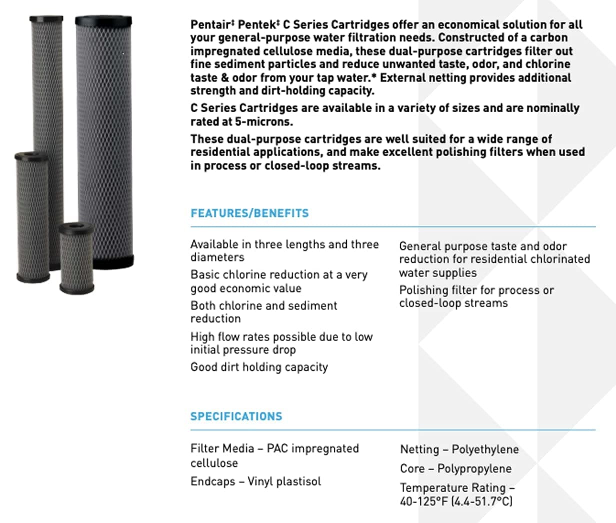 Pentek C1-20BB Big Blue Water Filter, 20-Inch Whole House Dual Purpose Powdered Activated Carbon Replacement Cartridge, 20" x 4.5", 5 Micron, Black