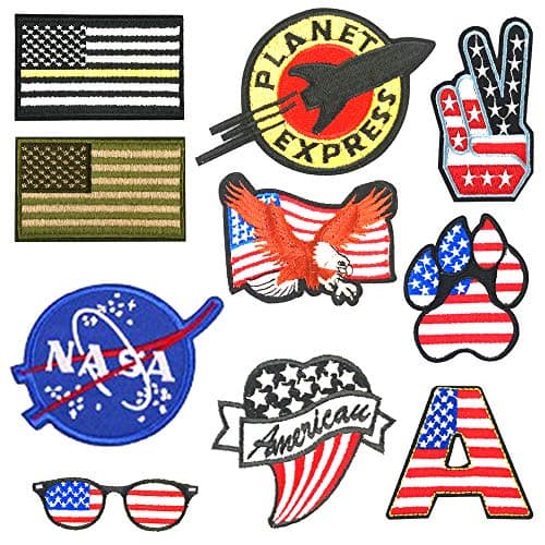USA American Flag Iron on Patches NASA Futurama Embroidered Patch, Morale Military Applique Sew on Patches for Clothes Backpacks Hats Jackets (10 Pcs)