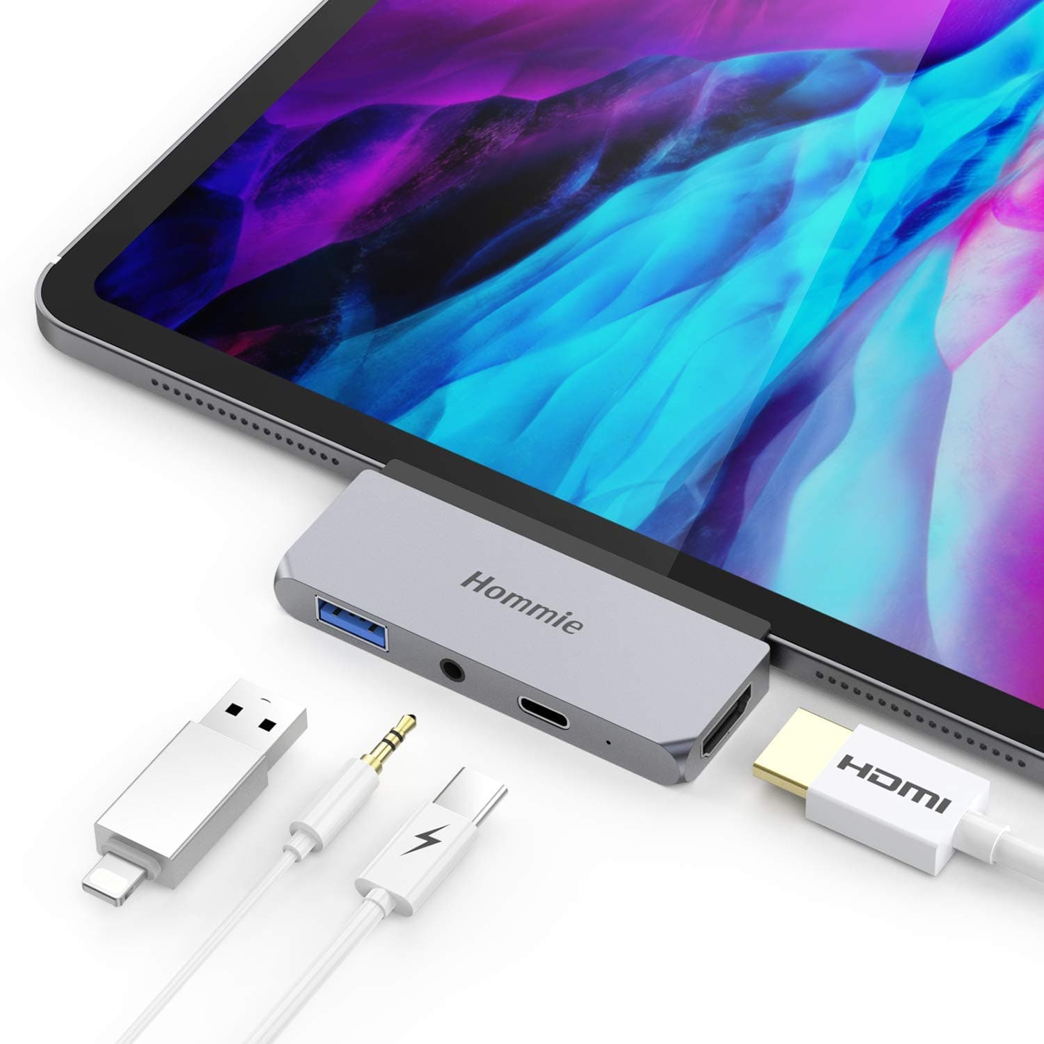 Hommie USB C Hub, Type-C Hub Adapter for 2018/2020 iPad Pro Macbook Pro 2018/2017/2016, Innovative Mobile Hub with 4K HDMI, USB 3.0, 3.5mm Headphone Jack, USB-C Power Delivery