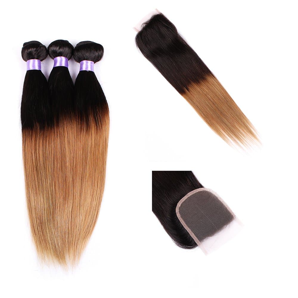 1B/27 Straight Human Hair Extensions 3 Bundles with Free Part Lace Closure Two Tone Color Natural Black to Cameral Blonde Brazilian Hair Weft Weave 100% Remy Human Hair #1B/27 (12 14 16 with 12)