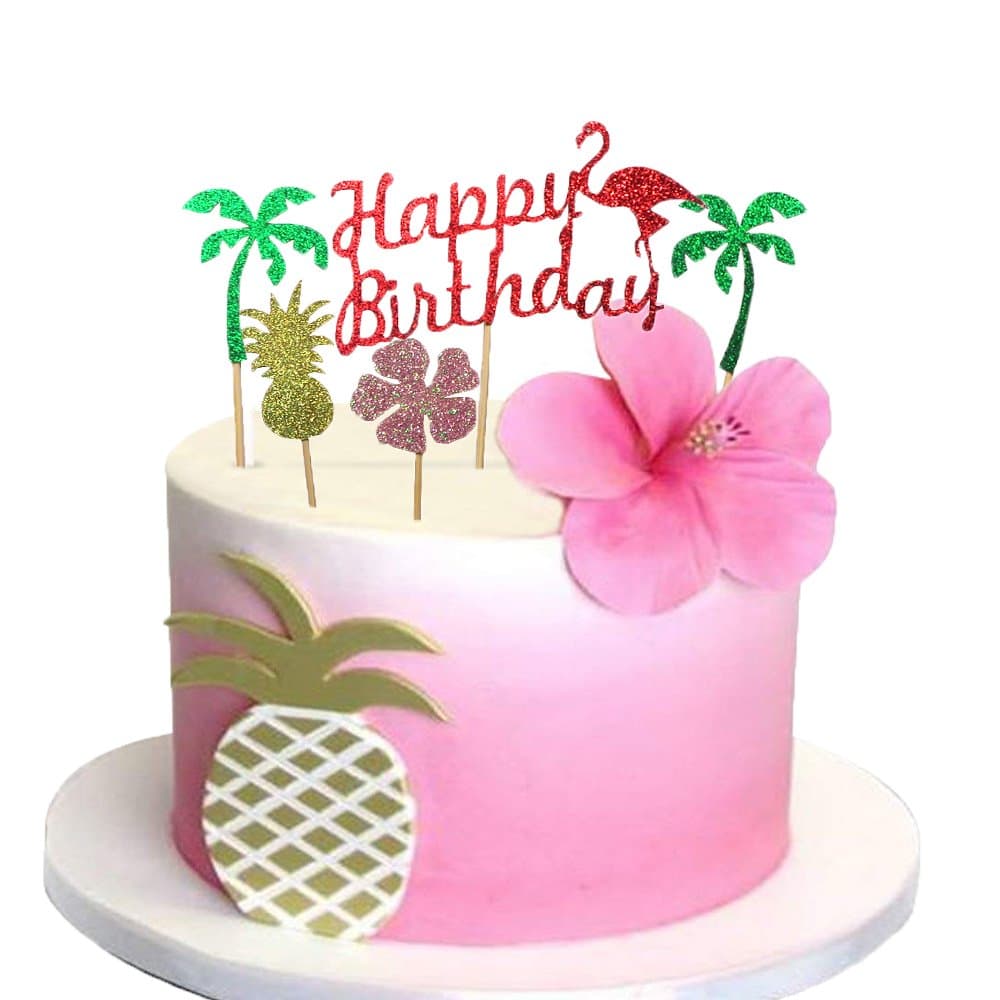 Glitter Luau Cake Topper Flamingo Happy Birthday Cake Picks Pineapple Flamingo Coconut Shape Palm Leaf Cake Decoration for Tropical Hawaiian Luau Themed Party Supplies