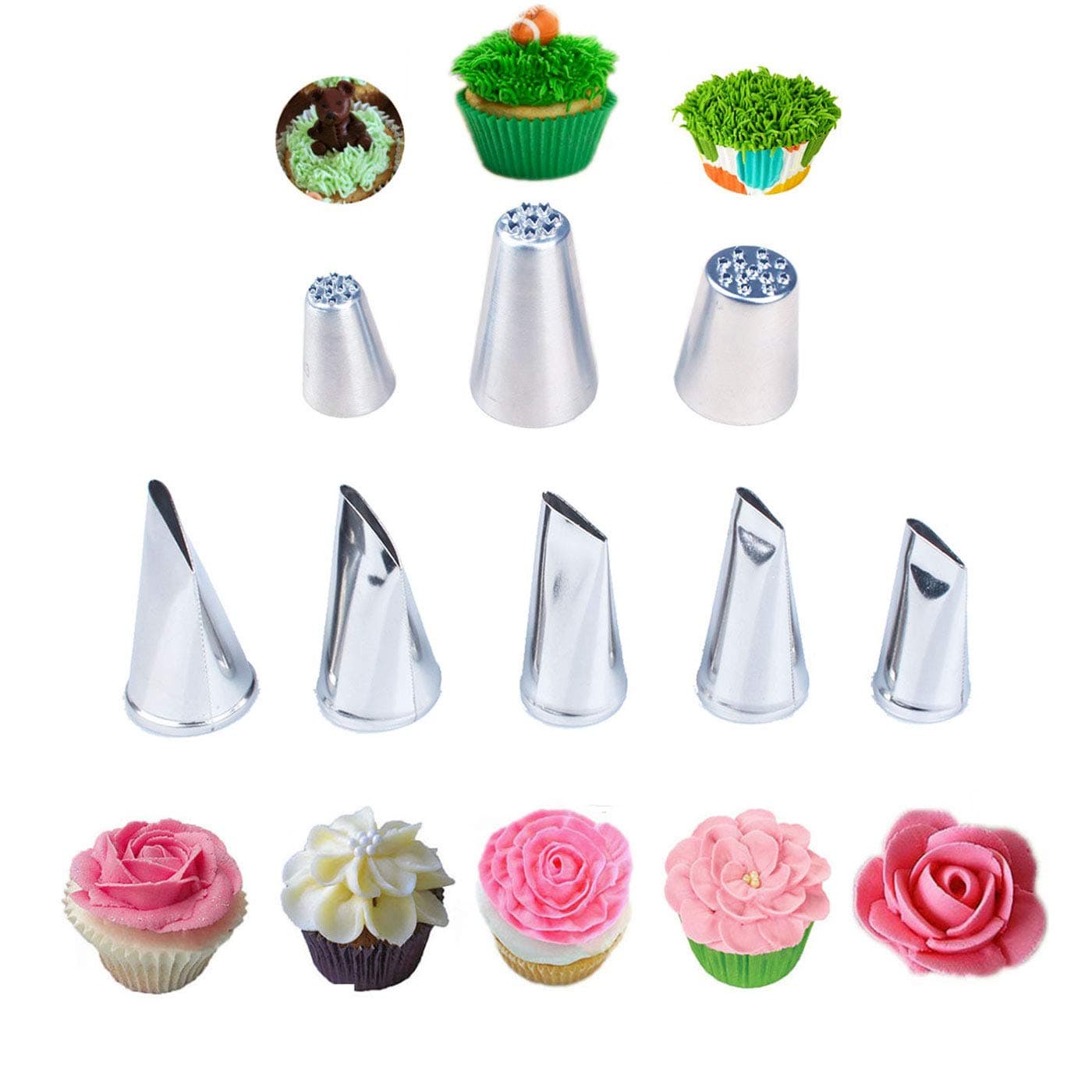 5 Pieces Large Piping Tips Set and 3Pcs Russian Grass Cream Tips DIY Decor Baking Tool, Stainless Steel Piping Nozzles Kit for Pastry Cupcakes Cakes Cookies Decorating