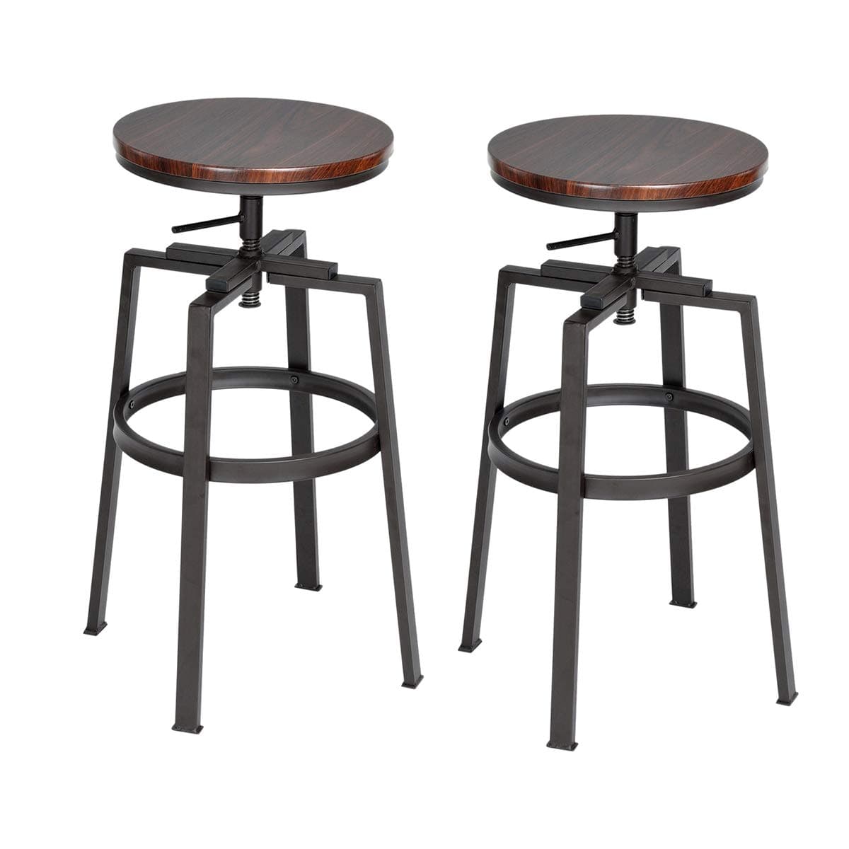 Barstools FurnitureR Set of 2 Bar Stools Industrial Style Bar Chairs Round Pinewood Top Adjustable Height Metal Swivel Breakfast Counter Chair Walnut