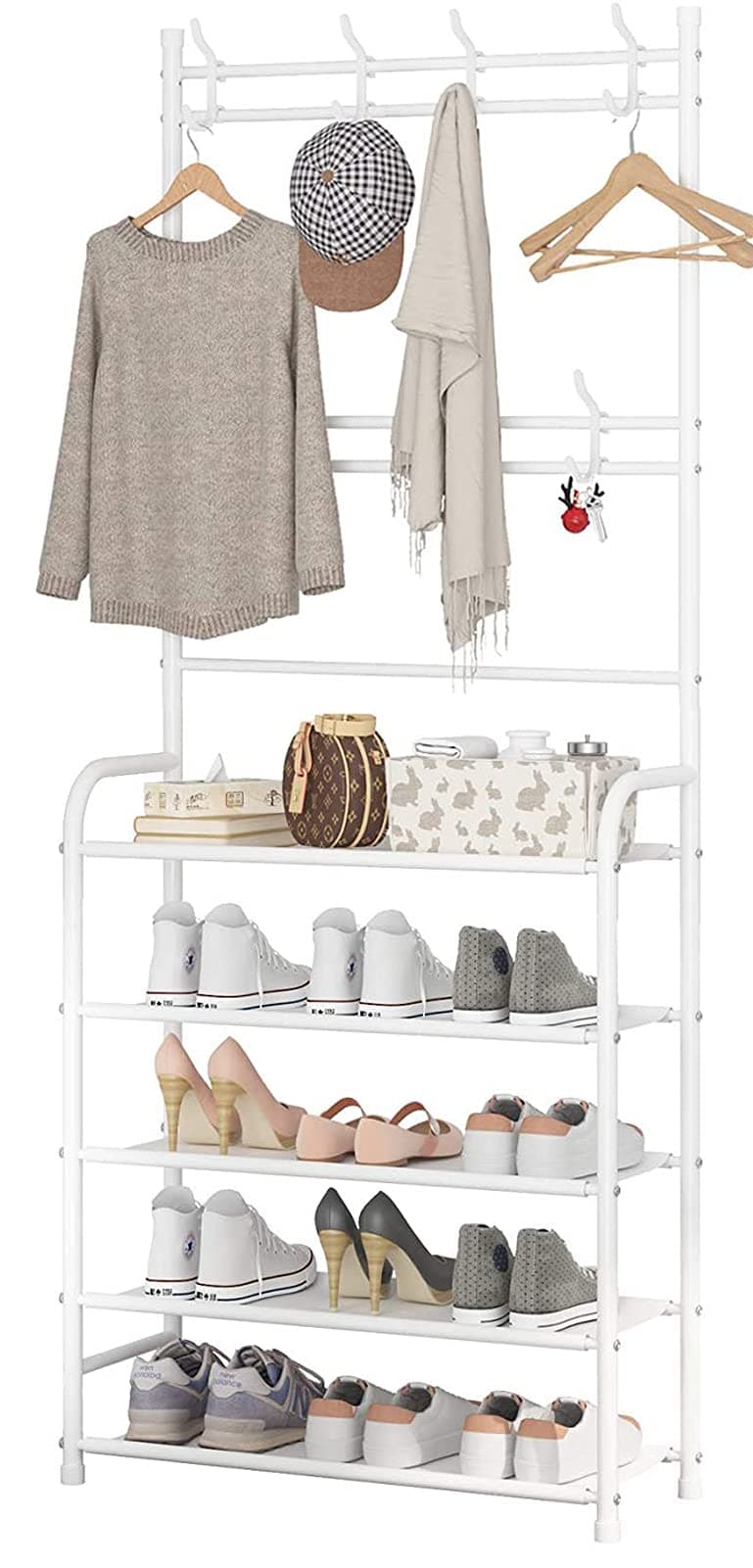 U-HOOME Entryway Coat Rack, U-HOOME 3-in-1 Hall Tree Shoe Bench with Coat Hat Umbrella Rack,Storage Shelves with 8 Hooks, Multifunctional Hallway Organizer (White)