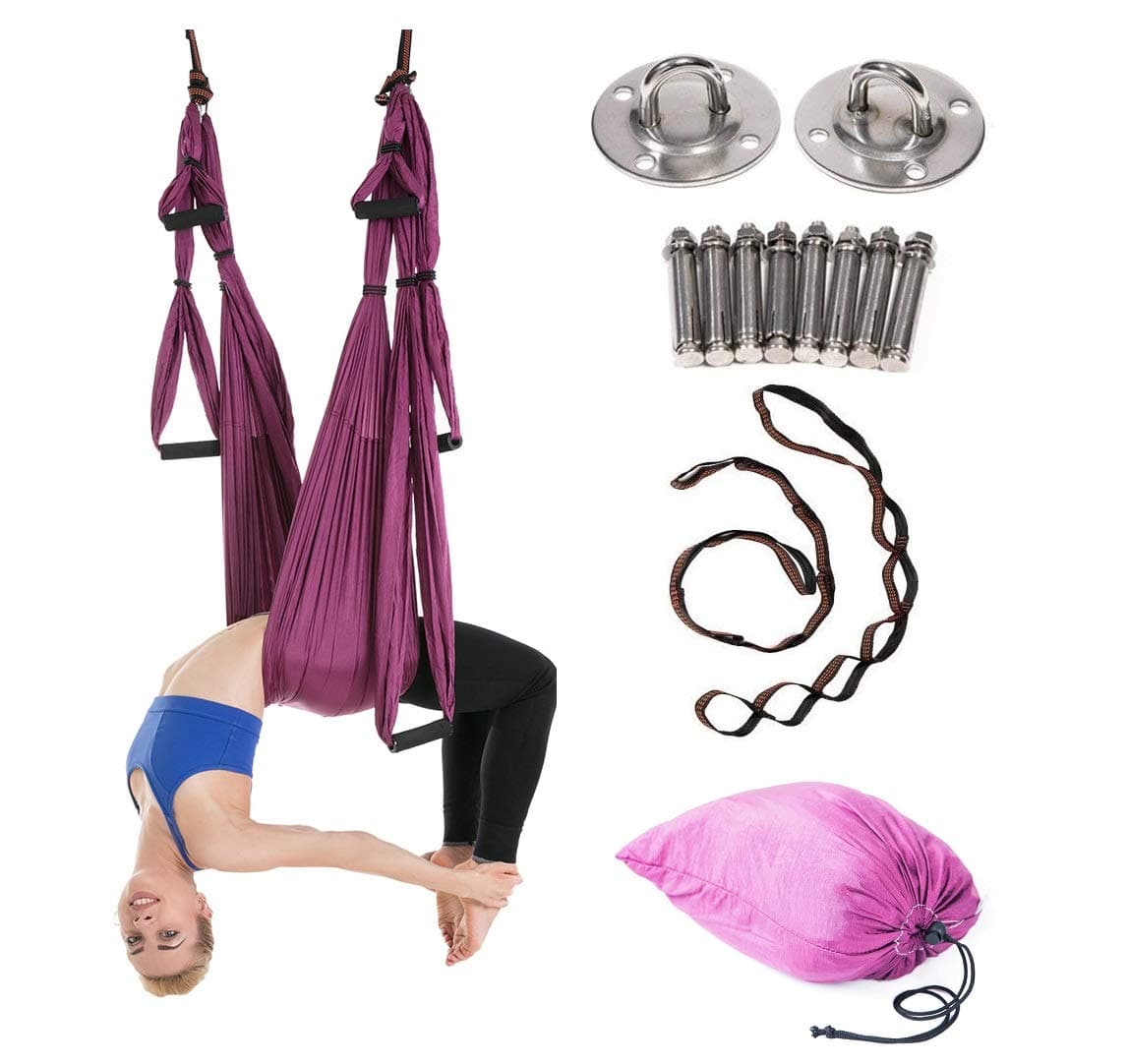 Aerial Yoga Swing Set - Ultra Strong Antigravity Yoga Hammock- Aerial Trapeze Kit - Sling for Antigravity Yoga Inversion Exercises - Mounting Accessories Included (Dark purple)