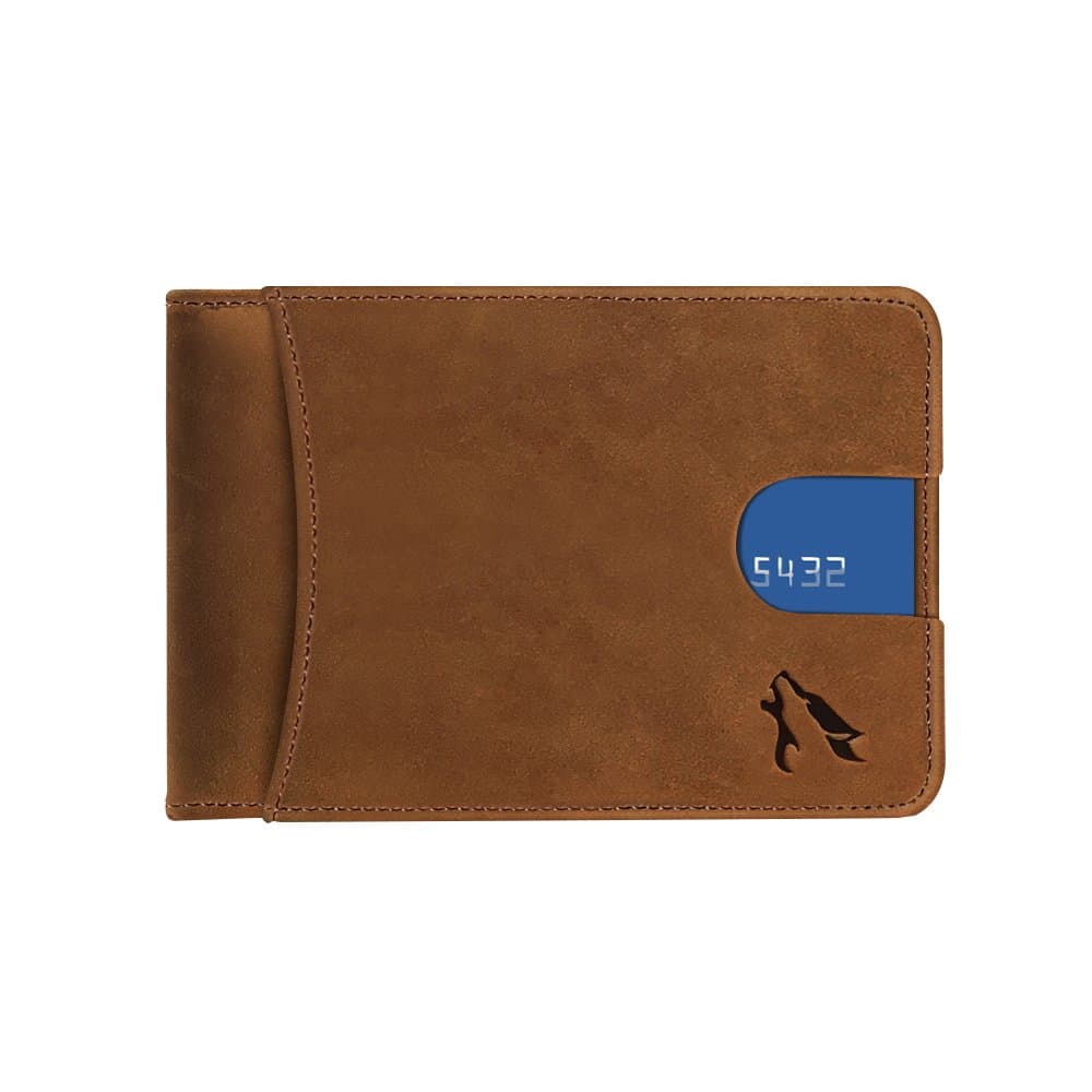 HEMWOLF Men's Real Genuine Leather RFID Blocking Ultra Slim Bifold Money Clip Wallet with Dual External Pocket, Full Grain Leather Canyon Brown