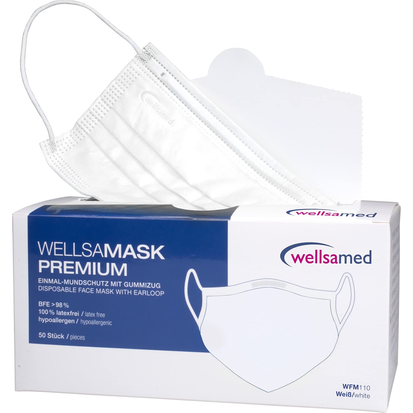 Wellsamed Wellsamask Face Mask Surgical Masks Pack of 50 White Rubber Bands 3 Ply