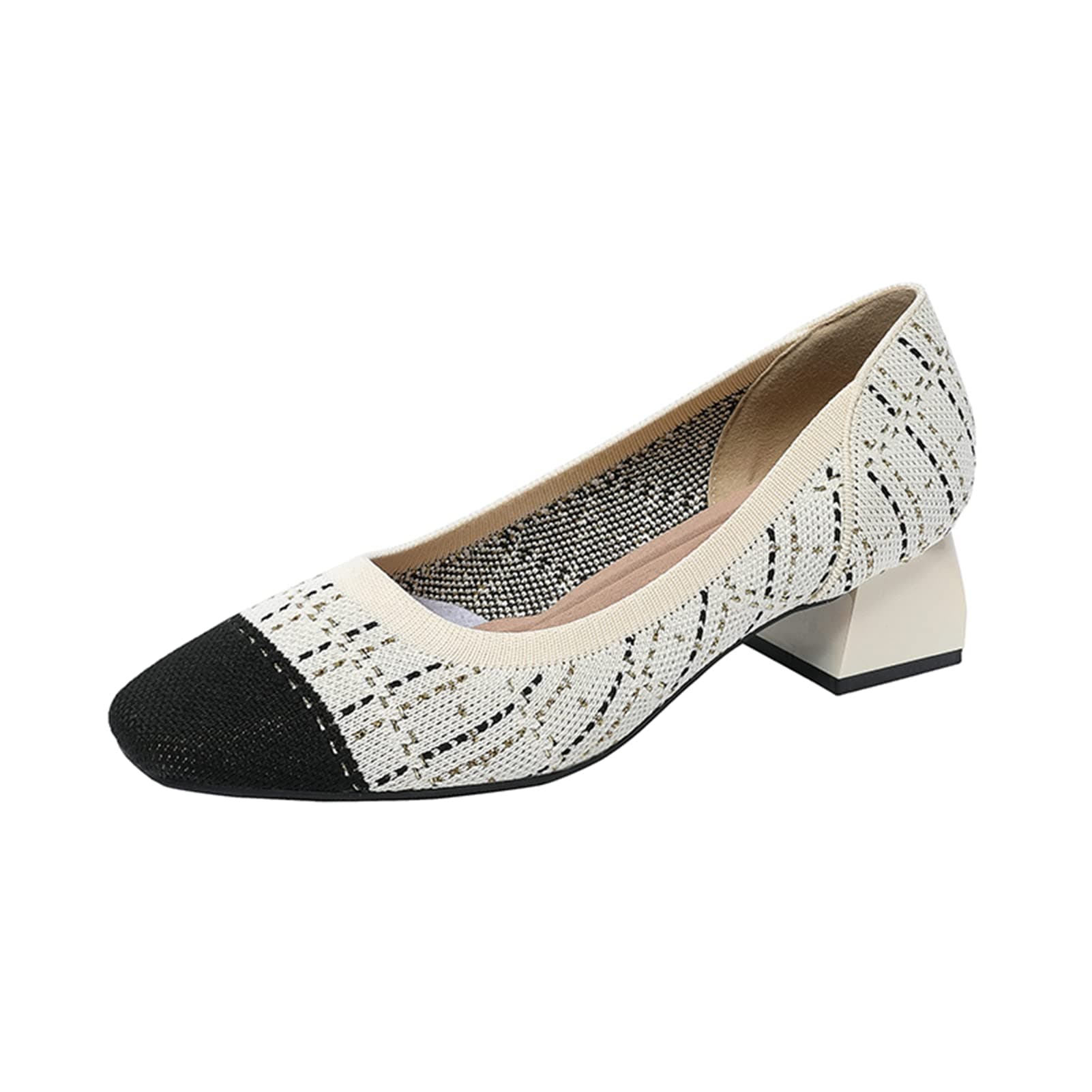 youngshow Womens Pumps Block Heels Square Toe Knit Comfortable Heel for Women Slip On Work Shoes for Woman Dress Classic Shoes Walk Office