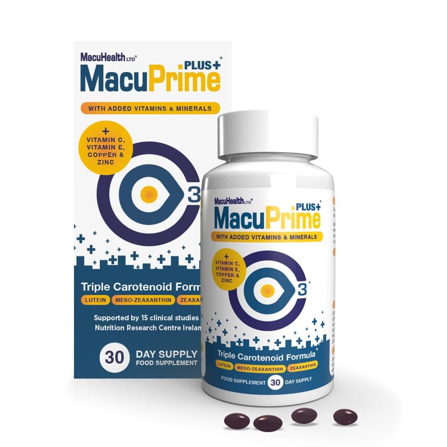 MacuPrime Plus+ Eye Health Supplements – Food Supplement Helps Maintain Normal Vision – Lutein, Meso-Zeaxanthin & Zeaxanthin, 120 Capsules – 1 Month Supply