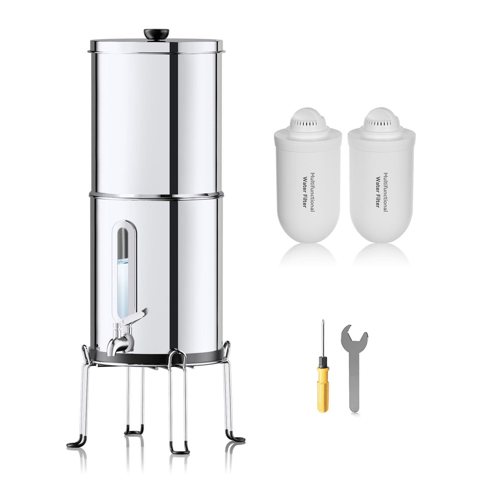 Purewell6-Stage 0.01μm Ultra-Filtration Gravity Water Filter System with Water Level Window, 304 Stainless Steel Countertop System with 2 Filters and Stand, Reduces 99% Chlorine, 8.5 litres,PW-FH