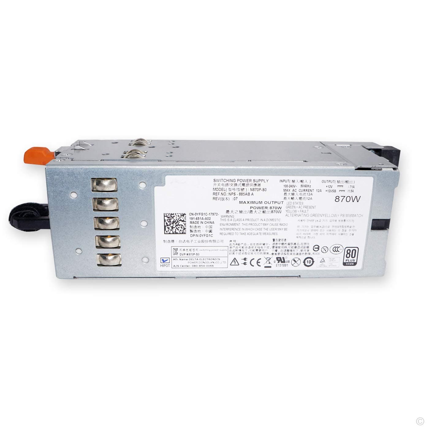 YFG1C 870W Server Power Supply for Dell PowerEdge R710 T610 for Dell PowerVault NX3000 DL2100 Compatible Part Number 3257W D263K 7NVX8 VT6G4 PT164 N870P-S0 NPS-885AB A870P-00