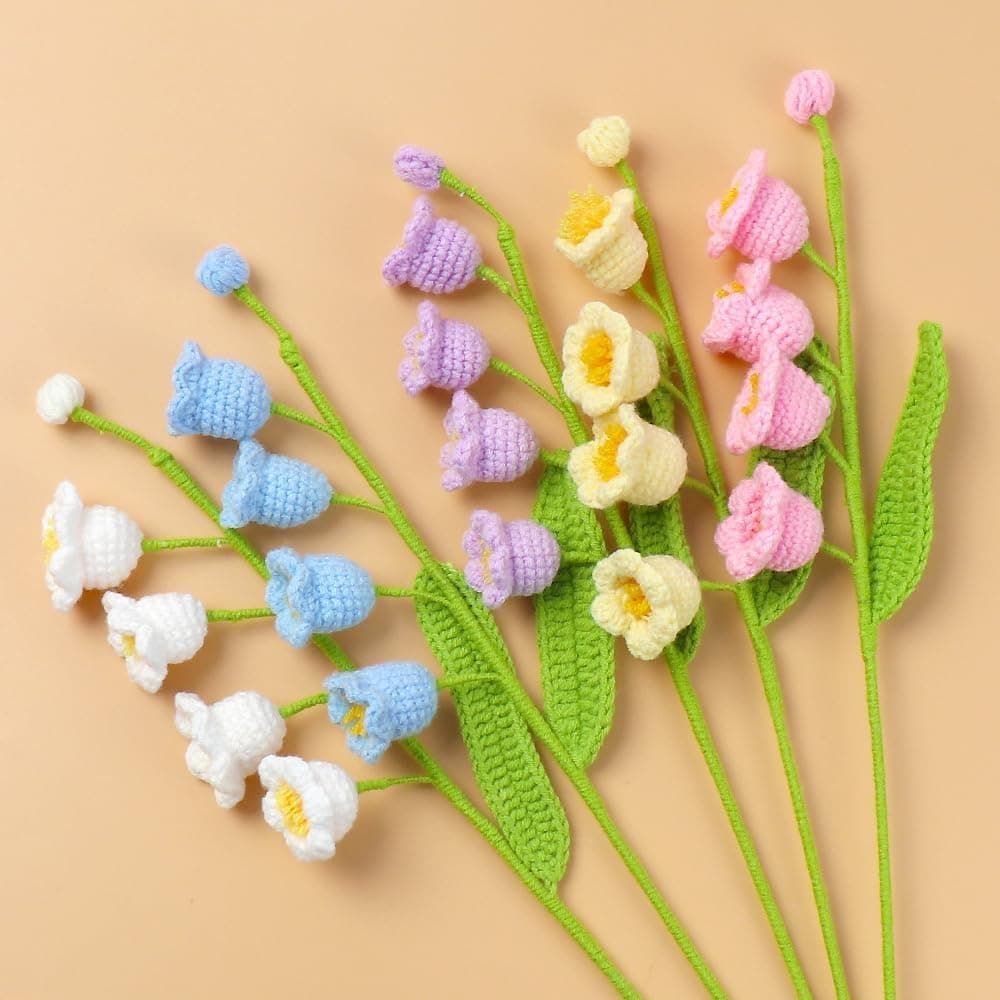 Crochet Flowers, Lily of The Flower Bouquet Artificial Bell Orchid Crochet Flowers Handmade Knitted Bouquet for Birthday Wedding Valentine's Day Gift Home Office Table Decor Finished Flower Bouquet