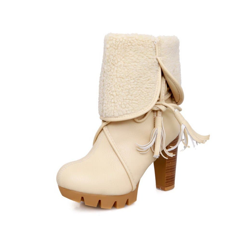 WeenFashion Women's PU Cashmere Lining High Chunky Heels Colorant Match Ankle Boots Lace-up Purl, Beige, 7.5 B(M) US