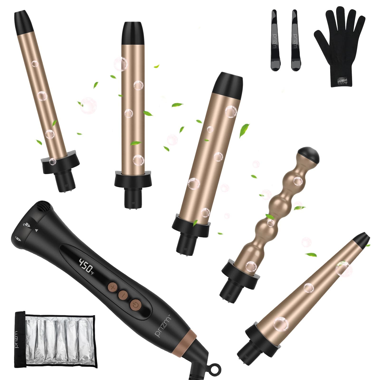 Prizm 5 in 1 Clampless Interchange Curling Iron Wand Set, LED Display, 11 Temp Settings, 0.6 to 1.25 Inch Tourmaline Ceramic Barrels, Hair Curler for Wavy/Bang/Ringlet/Spiral with Heat Resistant Glove