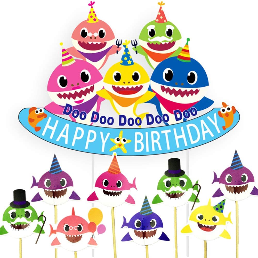 Shark Birthday Cake Topper - Little Shark Birthday Cake Topper - Baby Shark Happy Birthday Party Supplies Set - One Kids Happy Birthday Cake Topper and 24 pcs Cupcake Toppers