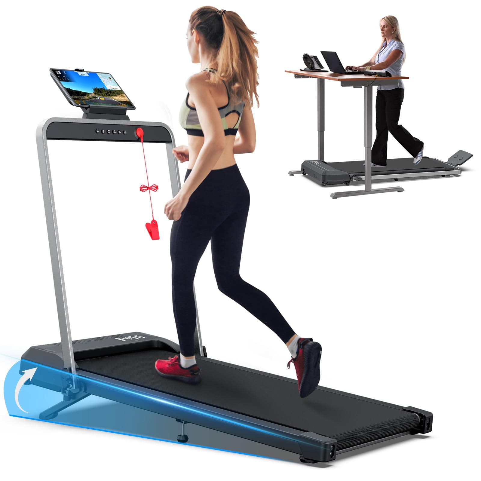 Folding Treadmills with 10% Incline, Under Desk Walking Pad 360lbs Weight Capacity, Treadmill for Home Office with Handle Bar, 3 in 1 Smart Treadmill Work with KINOMAP No Assembly Easy to Move