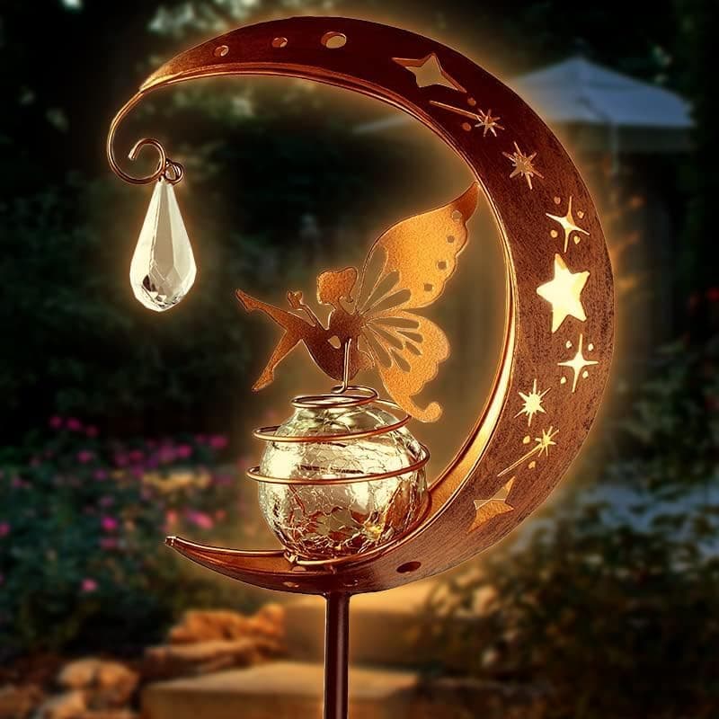 Solar Garden Ornaments Outdoor Fairy Solar Light Moon Star Crackle Glass Ball Stake Metal Lights Decorative Waterproof Warm White LED for Garden Pathway Lawn Patio Grave (A)