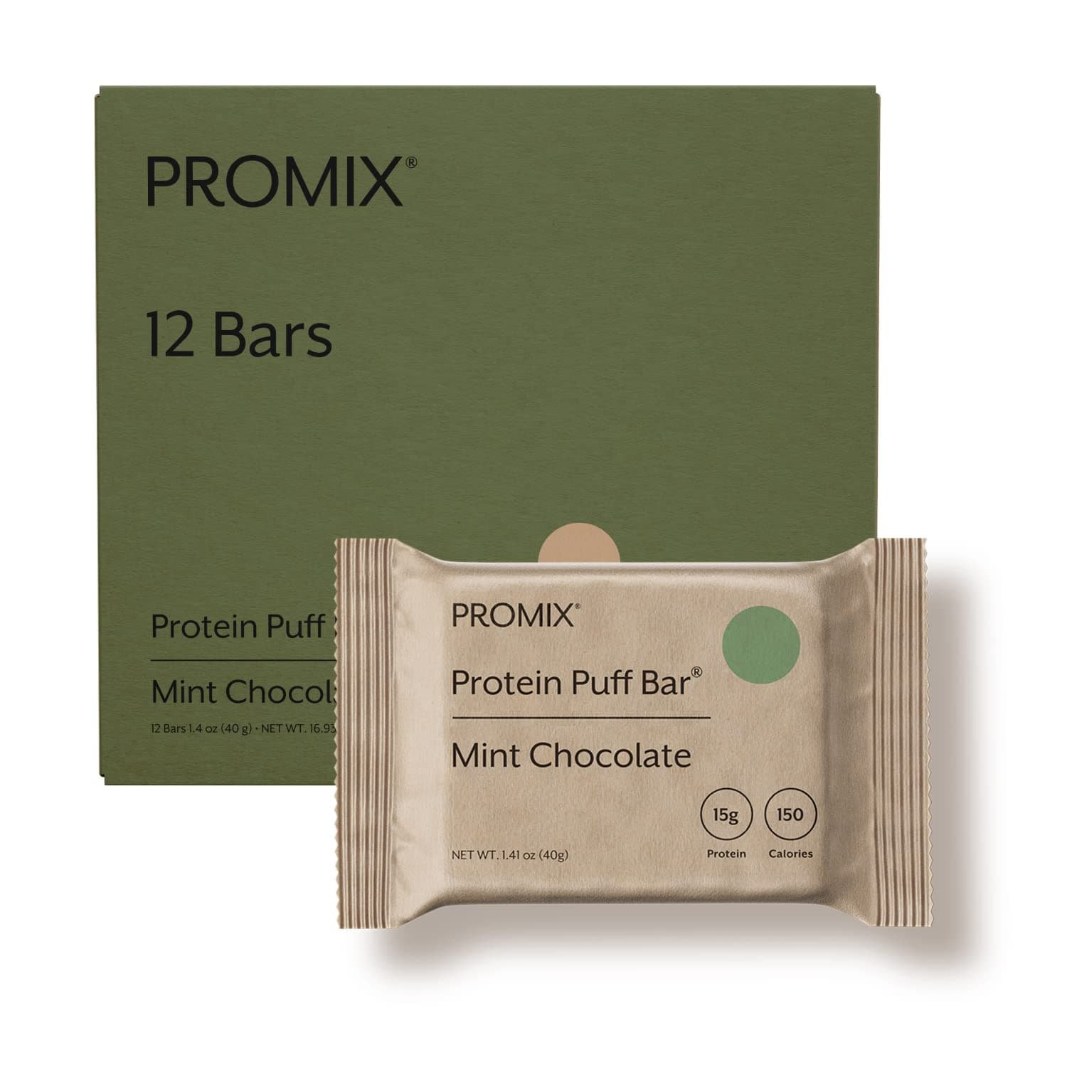 ProMix Protein Puff Bars, 12-Pack - Mint Chocolate- Marshmallow Crispy Treat - Great Tasting & Healthy On The Go Snack - High Protein & Low Calorie - Non-GMO & Free From Gluten, Soy, & Corn