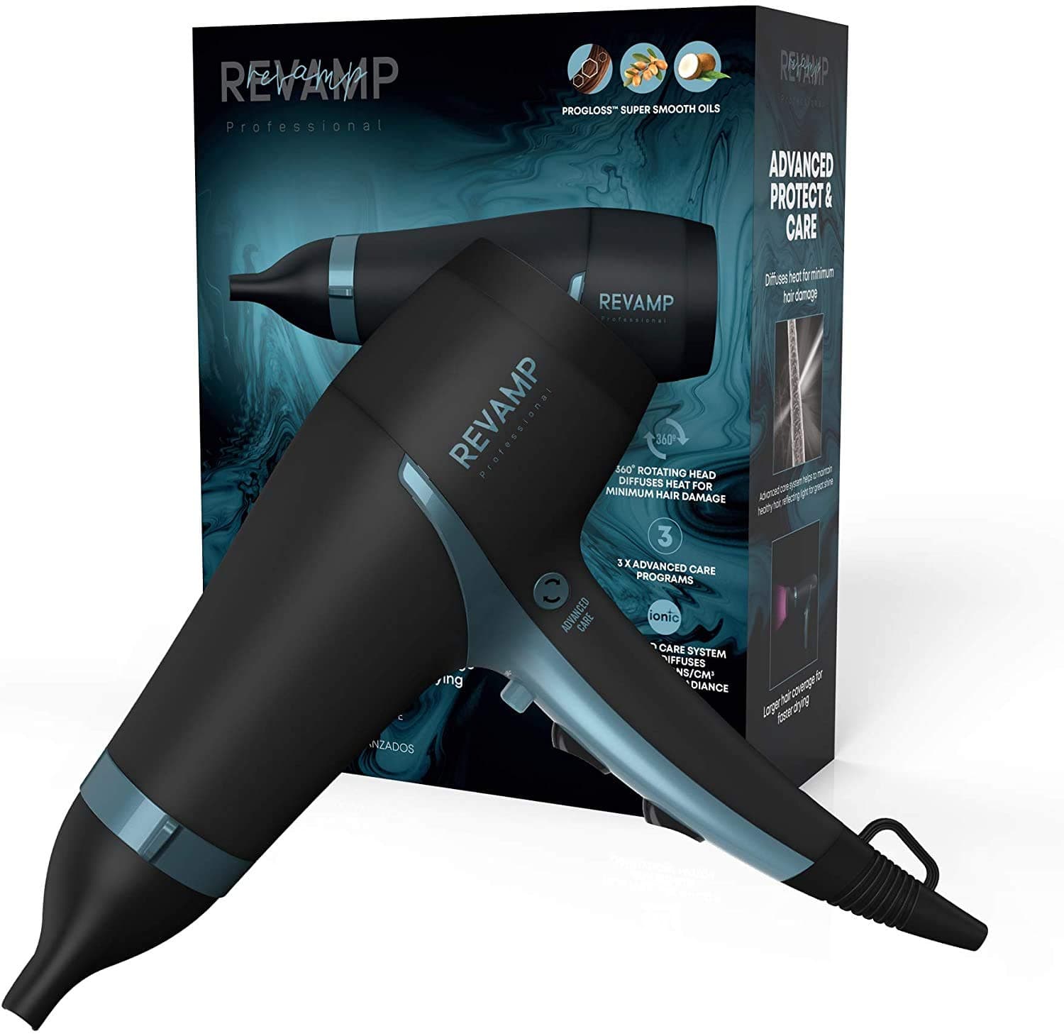 REVAMP Progloss 4000 Advanced Protect & Care Hair Dryer - Lightweight, Portable Professional Blow Dryer, Concentrator Nozzle Attachment, Ultimate Shine Ionic Jet with Conditioning Super Smoot