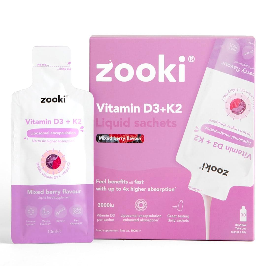Zooki Your - Vitamin D3 + K2 Liquid Sachets - Vegan Friendly D3, Natural Ingredients - Immune System, Muscle Function, Bones- (Mixed Berry, Box of 30)