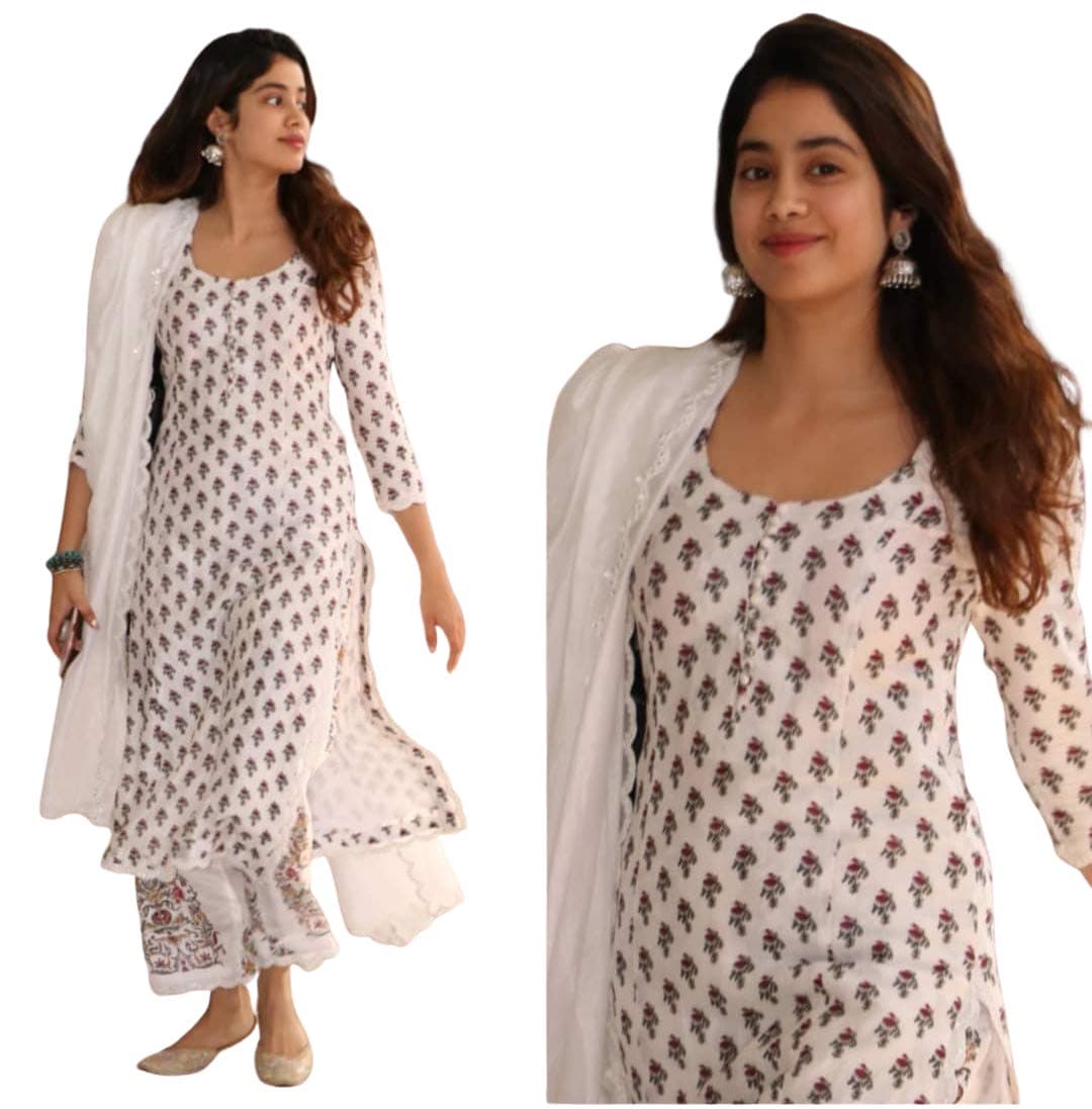 Jaipuri Fashionista Women Cotton Kurti Palazzo with Dupatta Set white XS