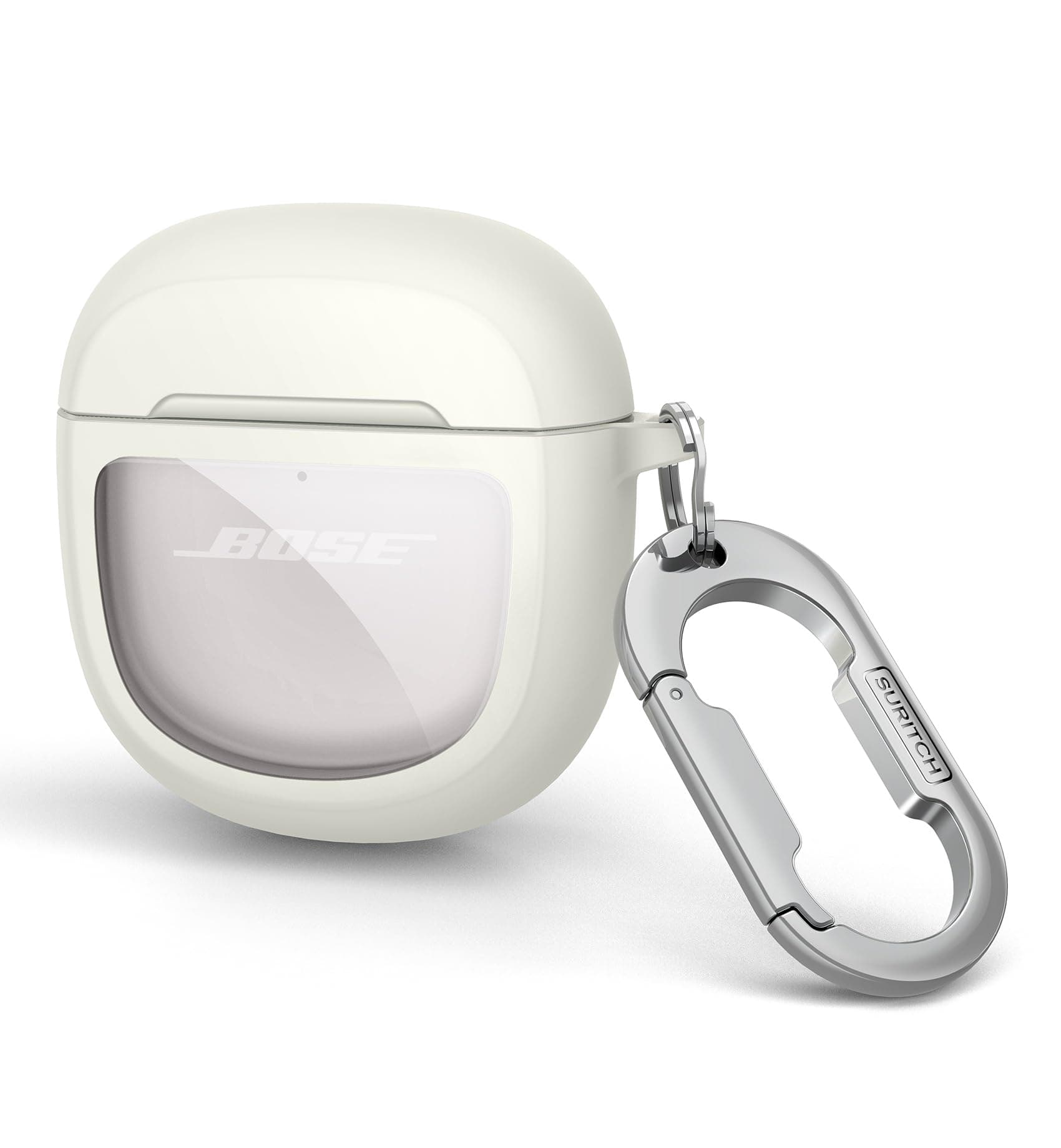 SURITCH Clear Case for Bose QuietComfort Earbuds II 2022/QuietComfort Ultra 2023 Cover, Full-body Shockproof TPU Protective Case with Carabiner & Key Ring & Transparent Logo Window(White)
