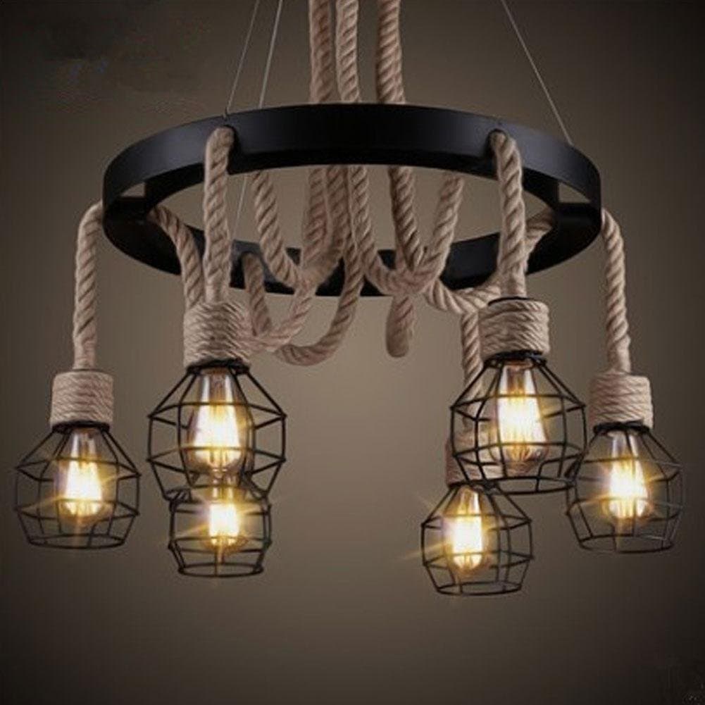 Vintage Edison Pendant Light E27 Lamp Socket Retro Antique Industrial Hemp Rope Iron Metal 6-Lights Pendant Lamp Personality Brown Rustic Round Adjustable Height Ceiling Lighting Max 60W Ø72cm