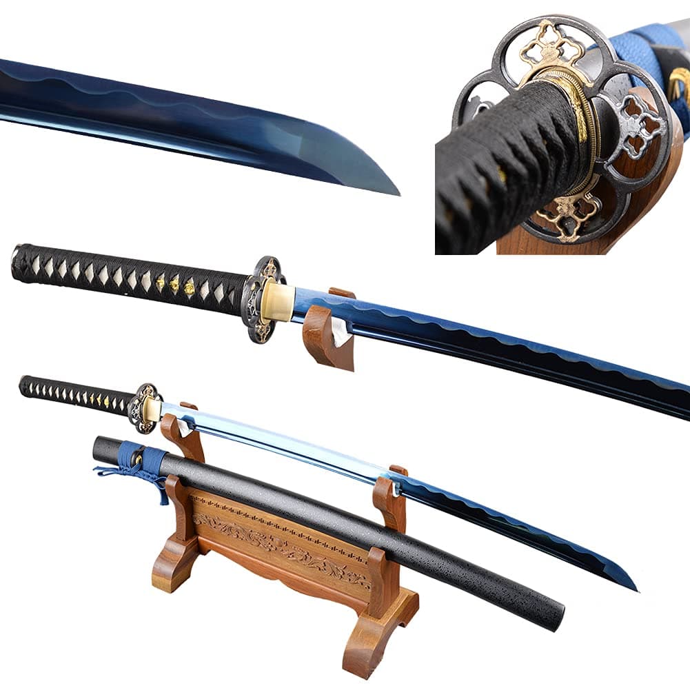 Electroplated Noble Blue Carbon Steel Wavy Hamon Full Tang Japanese Samurai Katana Sword