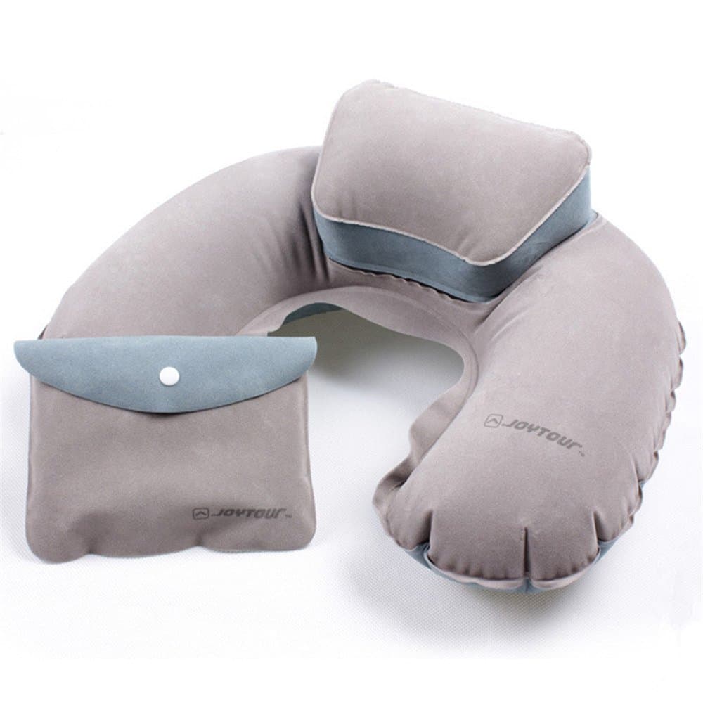 Joytour Soft Flocking Quick Inflation Travel Neck Pillow - Shoulder Support for Airplan, Bus, Train, Car or Home Use with a Portable Pocket (Plain Grey)