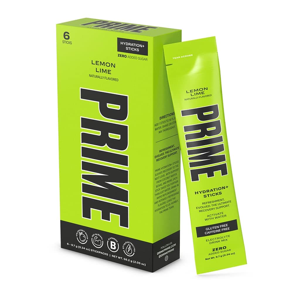 PRIME HYDRATION+ Stick Pack | Electrolyte Drink Mix | 10% Coconut Water | 250mg BCAAs | Antioxidants | Naturally Flavored | Zero Added Sugar | Easy Open Single-Serving Stick | Lemon Lime, 6 Sticks