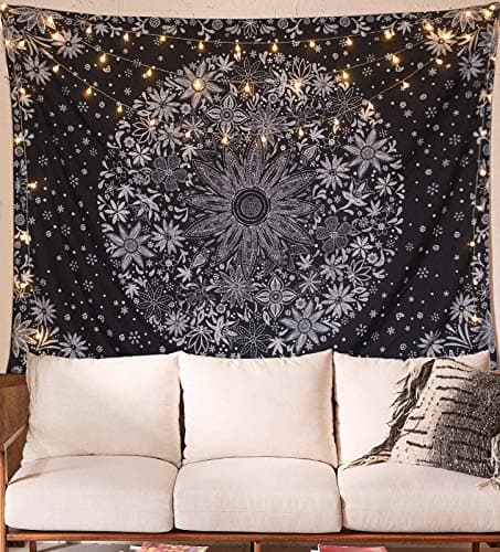 Neasow Bohemian Tapestry Wall Hanging,Black and White Floral Tapestry with Dotted Daisy Medallion Print Bedroom Boho Hippie Home Decor, 60×80 inches