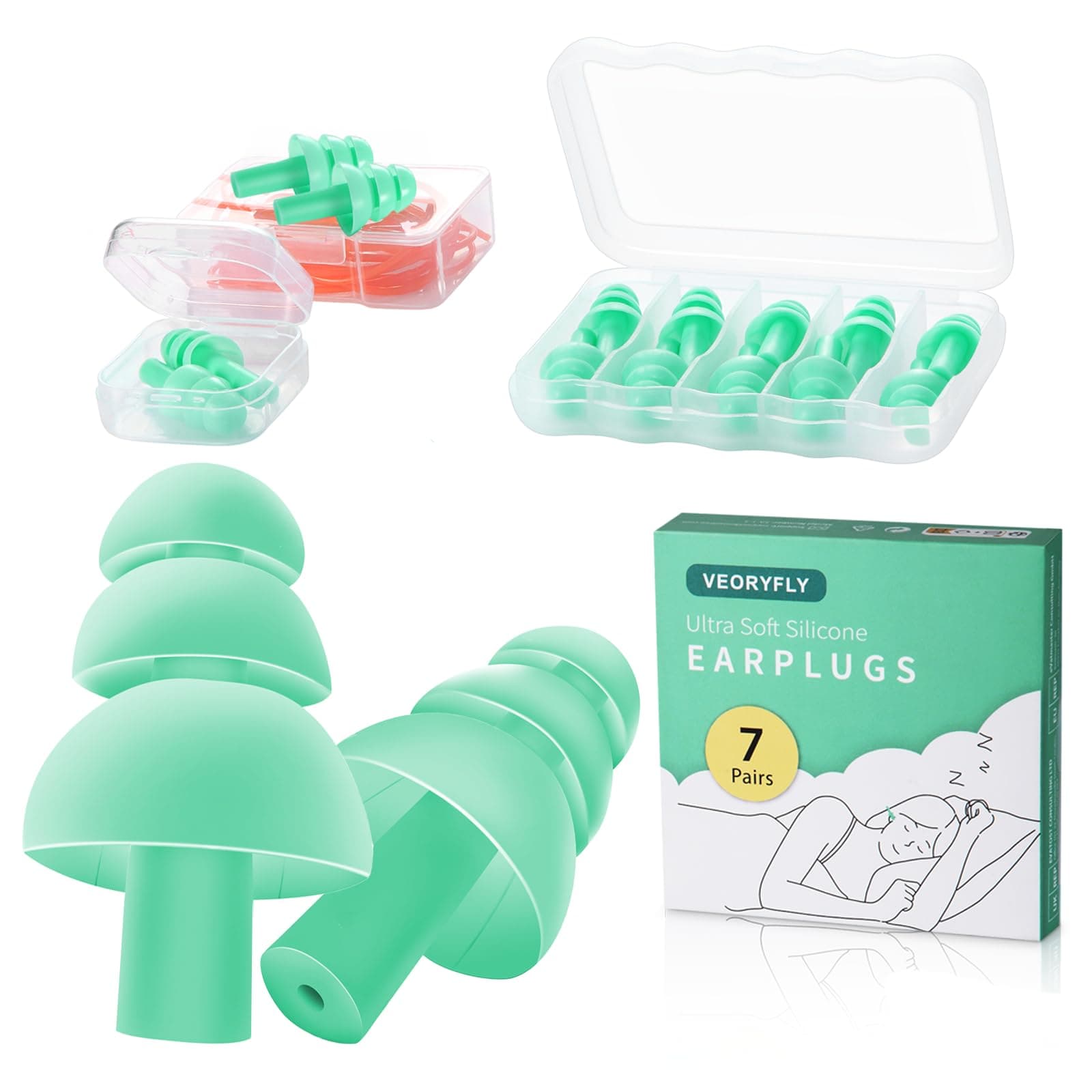 Ultra Soft Sleeping Ear Plugs for Swimming Sleeping Noise Cancelling 7 Pairs,2025 New Reusable Silicone Ear Plugs for Noise Reduction Earplugs for Sleep Concert Snoring-3 Portable Cases Mint Green