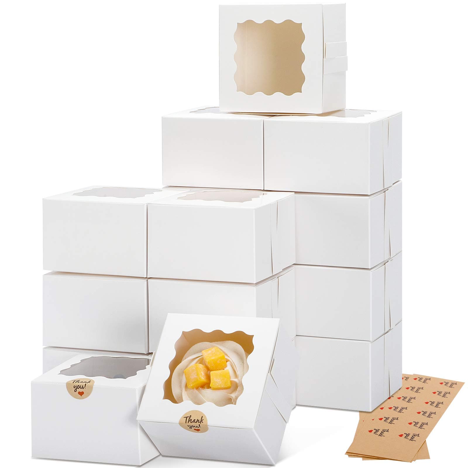 Moretoes 50pcs White Cookie Boxes with Window, 4x4x2.5 Inches Bakery Boxes with 5pcs Stickers for Small Cookies, Treats, Desserts, Chocolate Covered Strawberries, Mini Cake