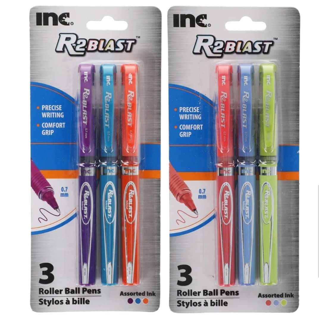 SCBS Writing Colorful Roller Ball Pens Set: 6 Colorful Roller Comfort Grip Ball Pens assorted between a Pack of Purple, Blue,Orange and a Pack of Blue, Pink, and Lime 0.7mm