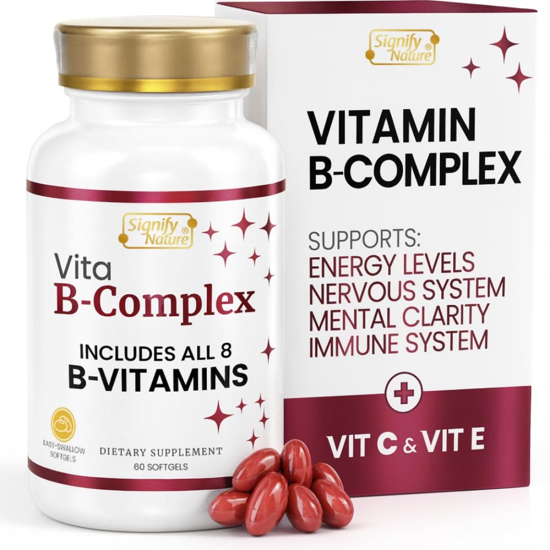 VitaBComplex with Vitamin C and E, B Complex Vitamins for Women & Men, BComplex Supplements, VIT B1, B2, B3, B5, B6, B8, B9, B12, Super B Softgels - 60 CT