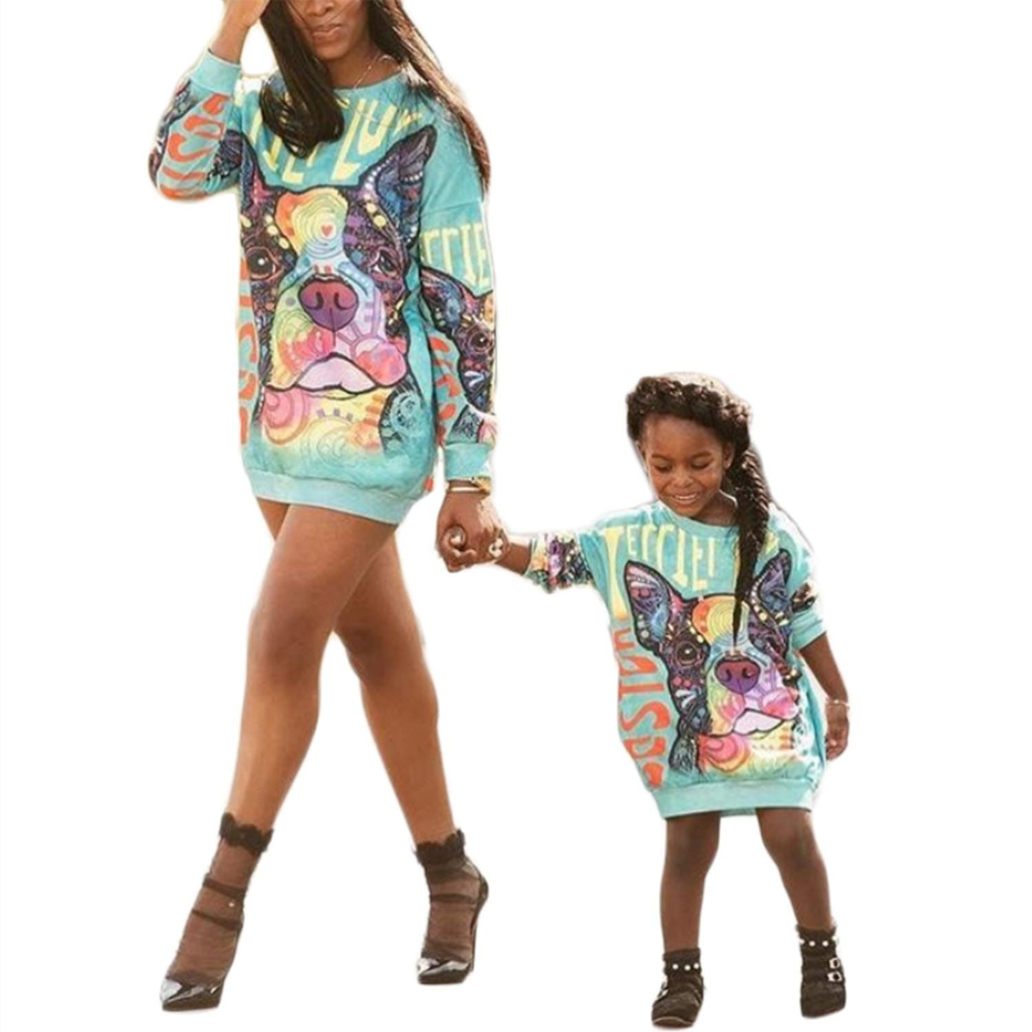 Mommy and Me Matching Cartoon Printed Loose Pullover Shirt Dress Parent-Child Family Long Sleeve Sweatshirt Outfits (Women, S)