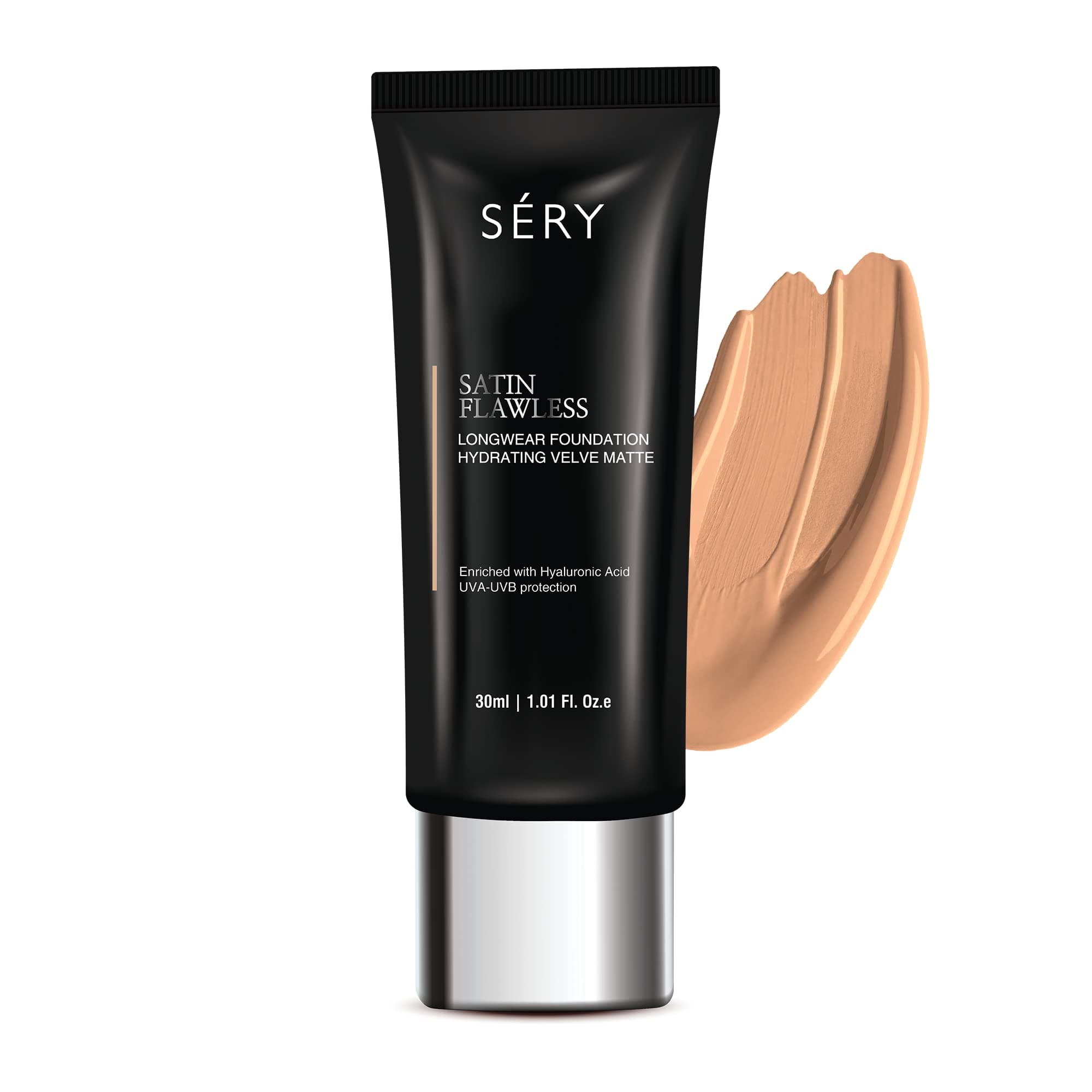 SÉRY Satin Flawless Longwear Foundation| Velvety finish, Medium coverage, Light Weight, Oil free Moisturizing effect, UVA-UVB filters, Suitable For All Skin Types|Medium, 30 ml