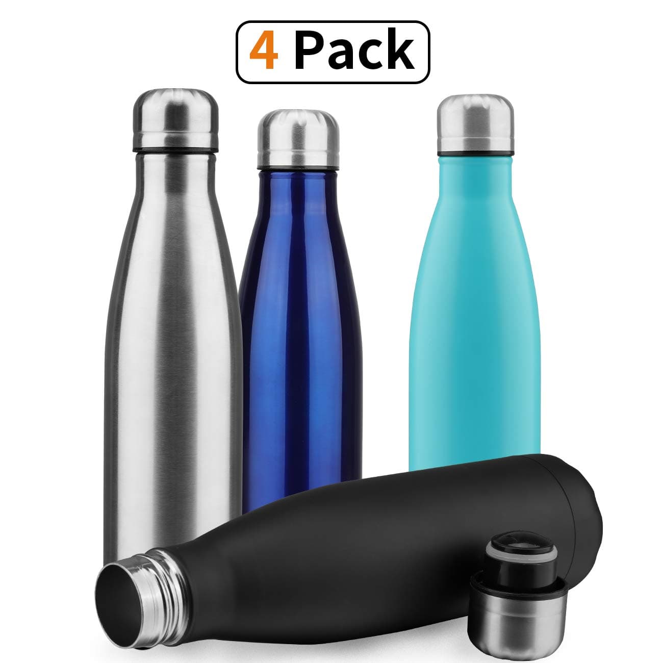 Water Bottle Stainless Steel BPA Free Leak Proof Large Capacity Cola Shape Flask Kids Thermoses for Sports Travel Outdoor (Mixed Color 4pc,17oz)