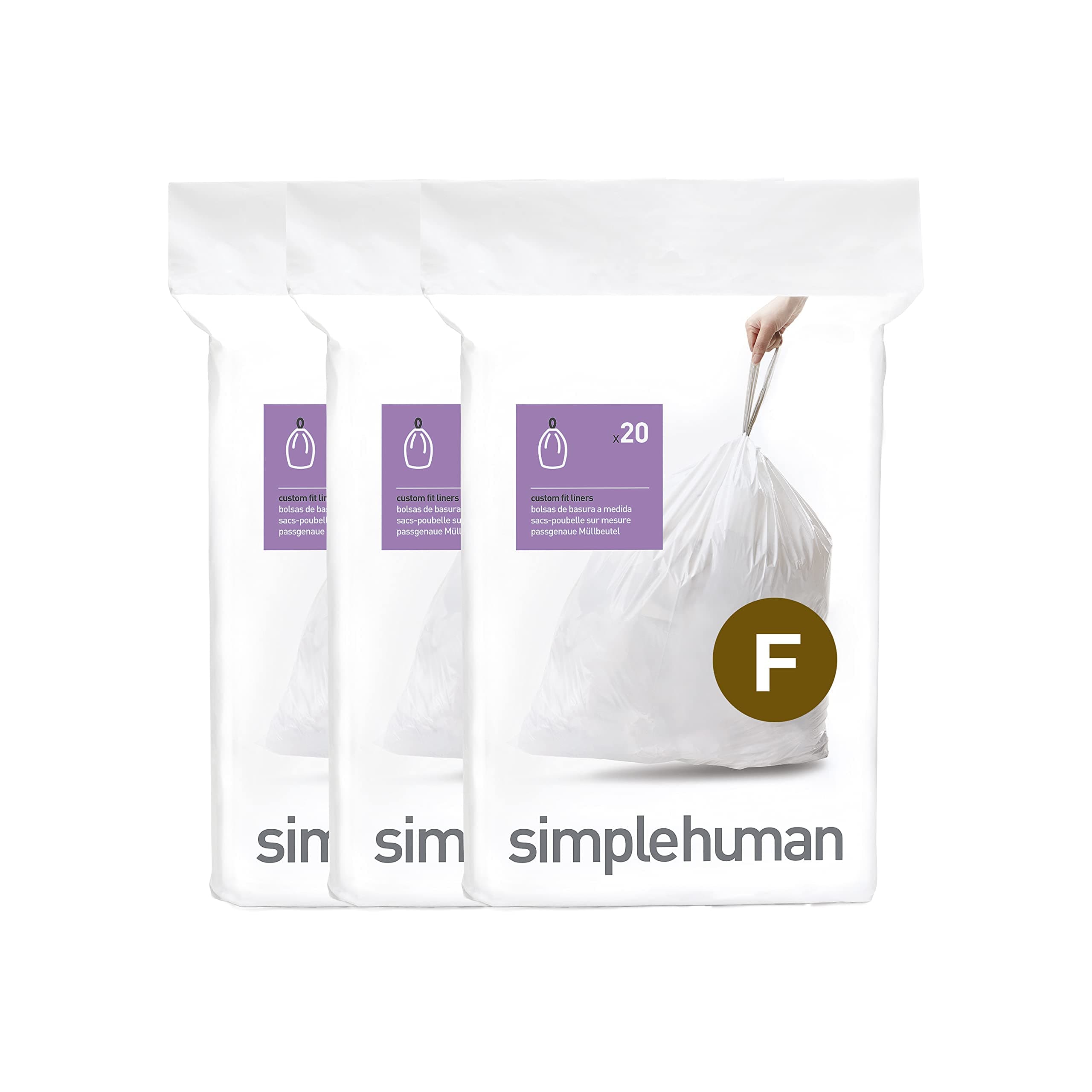 simplehuman CW0256 code F Custom Fit Bin Liner Bulk Pack, White Plastic (3 Pack of 20, Total 60 Liners)